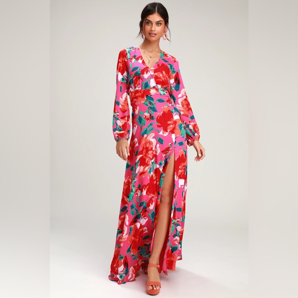 Lulus Carolita Magenta Floral Print Long Sleeve Maxi Dress Size Medium Side Slit